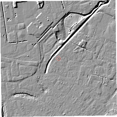 Shaded relief map of the ground around FY54FL, computed from Environment Agency LiDAR. The ground here sits at about 5 m above sea level and falls 10 m across the surrounding 800 m. Surface water reaching this point runs off ground lying to the north-north-east, 0.6 m higher.