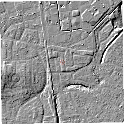 Shaded relief map of the ground around FY54FN, computed from Environment Agency LiDAR. The ground here sits at about 6 m above sea level and falls 7 m across the surrounding 800 m. Surface water reaching this point runs off ground lying to the west-north-west, 0.8 m higher.
