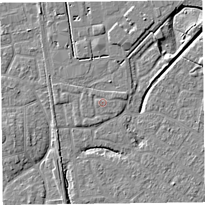 Shaded relief map of the ground around FY54FP, computed from Environment Agency LiDAR. The ground here sits at about 6 m above sea level and falls 6 m across the surrounding 800 m. Surface water reaching this point runs off ground lying to the east-north-east, 0.9 m higher.