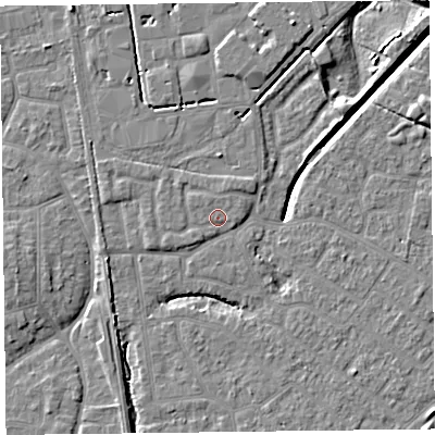 Shaded relief map of the ground around FY54FQ, computed from Environment Agency LiDAR. The ground here sits at about 6 m above sea level and falls 6 m across the surrounding 800 m. Surface water reaching this point runs off ground lying to the north-north-east, 1.0 m higher.