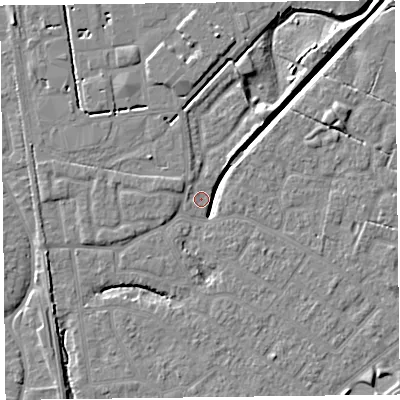 Shaded relief map of the ground around FY54FR, computed from Environment Agency LiDAR. The ground here sits at about 5 m above sea level and falls 6 m across the surrounding 800 m. Surface water reaching this point runs off ground lying to the east-north-east, 4.4 m higher.