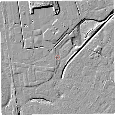 Shaded relief map of the ground around FY54FS, computed from Environment Agency LiDAR. The ground here sits at about 5 m above sea level and falls 11 m across the surrounding 800 m. Surface water reaching this point runs off ground lying to the west-south-west, 2.2 m higher.