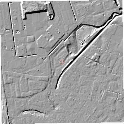 Shaded relief map of the ground around FY54FT, computed from Environment Agency LiDAR. The ground here sits at about 5 m above sea level and falls 11 m across the surrounding 800 m. Surface water reaching this point runs off ground lying to the east-north-east, 2.7 m higher.