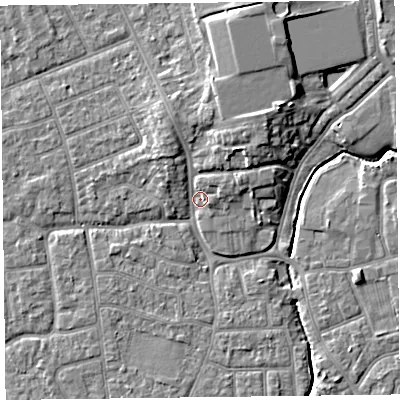 Shaded relief map of the ground around FY54FU, computed from Environment Agency LiDAR. The ground here sits at about 5 m above sea level and falls 7 m across the surrounding 800 m. Surface water reaching this point runs off ground lying to the north-north-east, 4.7 m higher.
