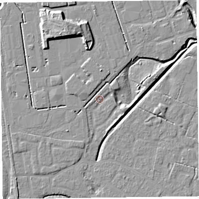 Shaded relief map of the ground around FY54FW, computed from Environment Agency LiDAR. The ground here sits at about 5 m above sea level and falls 11 m across the surrounding 800 m. Surface water reaching this point runs off ground lying to the north-east, 1.9 m higher.
