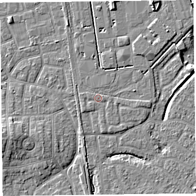 Shaded relief map of the ground around FY54FX, computed from Environment Agency LiDAR. The ground here sits at about 6 m above sea level and falls 9 m across the surrounding 800 m. Surface water reaching this point runs off ground lying to the east-north-east, 1.4 m higher.