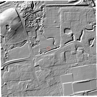 Shaded relief map of the ground around FY54FY, computed from Environment Agency LiDAR. The ground here sits at about 5 m above sea level and falls 12 m across the surrounding 800 m. Surface water reaching this point runs off ground lying to the west-south-west, 3.7 m higher.