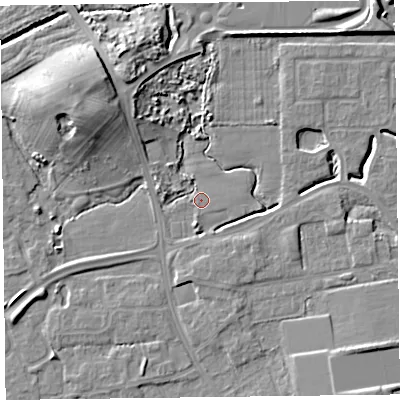 Shaded relief map of the ground around FY54FZ, computed from Environment Agency LiDAR. The ground here sits at about 5 m above sea level and falls 11 m across the surrounding 800 m. Surface water reaching this point runs off ground lying to the south, 4.0 m higher.