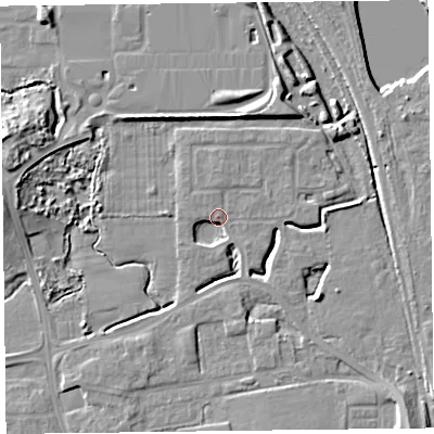 Shaded relief map of the ground around FY54GN, computed from Environment Agency LiDAR. The ground here sits at about 6 m above sea level and falls 10 m across the surrounding 800 m. Surface water reaching this point runs off ground lying to the north-north-west, 2.7 m higher.