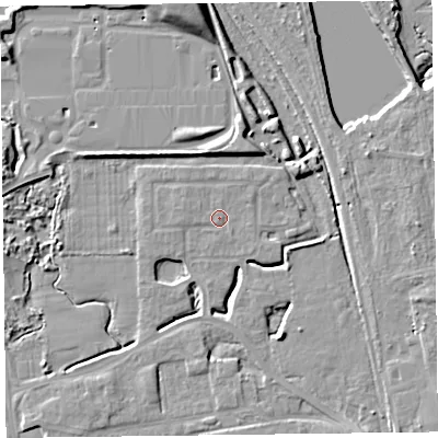 Shaded relief map of the ground around FY54GP, computed from Environment Agency LiDAR. The ground here sits at about 6 m above sea level and falls 10 m across the surrounding 800 m. Surface water reaching this point runs off ground lying to the west-north-west, 0.6 m higher.
