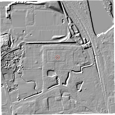Shaded relief map of the ground around FY54GQ, computed from Environment Agency LiDAR. The ground here sits at about 6 m above sea level and falls 10 m across the surrounding 800 m. The ground contributing surface water to this point lies to the north-west.