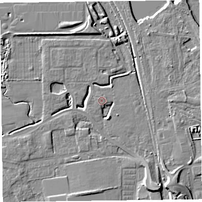 Shaded relief map of the ground around FY54GR, computed from Environment Agency LiDAR. The ground here sits at about 6 m above sea level and falls 10 m across the surrounding 800 m. Surface water reaching this point runs off ground lying to the south-south-east, 4.8 m higher.