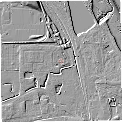 Shaded relief map of the ground around FY54GS, computed from Environment Agency LiDAR. The ground here sits at about 6 m above sea level and falls 14 m across the surrounding 800 m. Surface water reaching this point runs off ground lying to the west, 1.3 m higher.