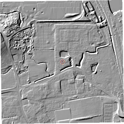 Shaded relief map of the ground around FY54GT, computed from Environment Agency LiDAR. The ground here sits at about 6 m above sea level and falls 11 m across the surrounding 800 m. Surface water reaching this point runs off ground lying to the south-south-east, 5.3 m higher.