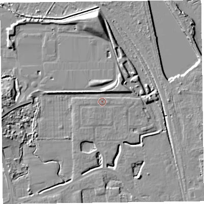 Shaded relief map of the ground around FY54GU, computed from Environment Agency LiDAR. The ground here sits at about 6 m above sea level and falls 10 m across the surrounding 800 m. Surface water reaching this point runs off ground lying to the west-south-west, 0.8 m higher.