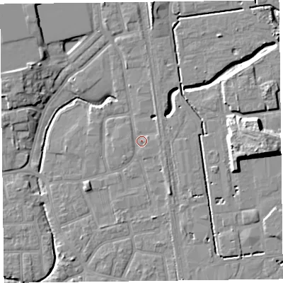 Shaded relief map of the ground around FY54GW, computed from Environment Agency LiDAR. The ground here sits at about 5 m above sea level and falls 11 m across the surrounding 800 m. Surface water reaching this point runs off ground lying to the north, 0.9 m higher.