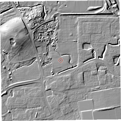 Shaded relief map of the ground around FY54GX, computed from Environment Agency LiDAR. The ground here sits at about 5 m above sea level and falls 12 m across the surrounding 800 m. Surface water reaching this point runs off ground lying to the south-west, 4.0 m higher.
