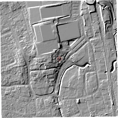 Shaded relief map of the ground around FY54GY, computed from Environment Agency LiDAR. The ground here sits at about 7 m above sea level and falls 10 m across the surrounding 800 m. Surface water reaching this point runs off ground lying to the west-north-west, 4.4 m higher.