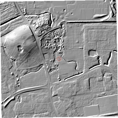 Shaded relief map of the ground around FY54GZ, computed from Environment Agency LiDAR. The ground here sits at about 5 m above sea level and falls 11 m across the surrounding 800 m. Surface water reaching this point runs off ground lying to the south-west, 3.1 m higher.