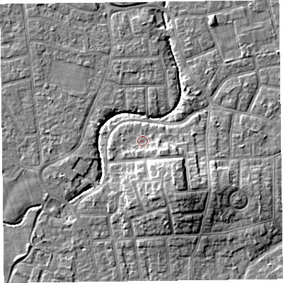 Shaded relief map of the ground around FY54HA, computed from Environment Agency LiDAR. The ground here sits at about 6 m above sea level and falls 9 m across the surrounding 800 m. Surface water reaching this point runs off ground lying to the south-east, 2.2 m higher.