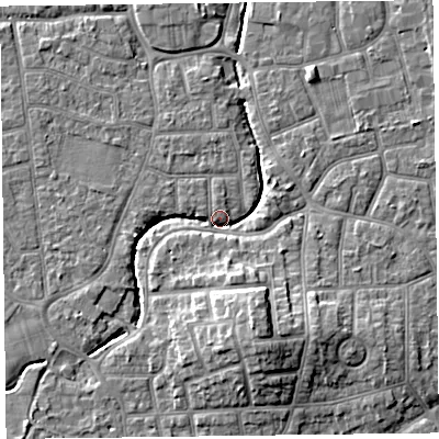 Shaded relief map of the ground around FY54HB, computed from Environment Agency LiDAR. The ground here sits at about 5 m above sea level and falls 9 m across the surrounding 800 m. Surface water reaching this point runs off ground lying to the south-south-east, 8.6 m higher.