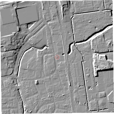 Shaded relief map of the ground around FY54HD, computed from Environment Agency LiDAR. The ground here sits at about 5 m above sea level and falls 11 m across the surrounding 800 m. Surface water reaching this point runs off ground lying to the north-north-east, 3.5 m higher.