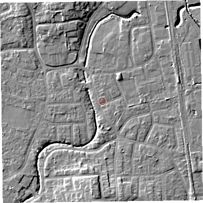 Shaded relief map of the ground around FY54HE, computed from Environment Agency LiDAR. The ground here sits at about 5 m above sea level and falls 9 m across the surrounding 800 m. Surface water reaching this point runs off ground lying to the north-east, 2.1 m higher.