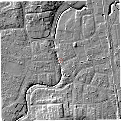 Shaded relief map of the ground around FY54HF, computed from Environment Agency LiDAR. The ground here sits at about 4 m above sea level and falls 9 m across the surrounding 800 m. Surface water reaching this point runs off ground lying to the south, 8.8 m higher.