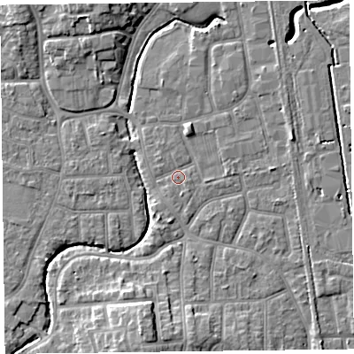 Shaded relief map of the ground around FY54HG, computed from Environment Agency LiDAR. The ground here sits at about 5 m above sea level and falls 9 m across the surrounding 800 m. Surface water reaching this point runs off ground lying to the north-north-east, 2.0 m higher.
