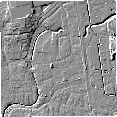 Shaded relief map of the ground around FY54HH, computed from Environment Agency LiDAR. The ground here sits at about 5 m above sea level and falls 9 m across the surrounding 800 m. Surface water reaching this point runs off ground lying to the east-south-east, 2.2 m higher.