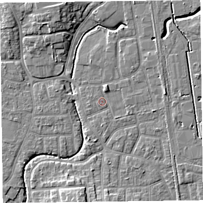 Shaded relief map of the ground around FY54HJ, computed from Environment Agency LiDAR. The ground here sits at about 5 m above sea level and falls 9 m across the surrounding 800 m. Surface water reaching this point runs off ground lying to the north-north-east, 1.8 m higher.