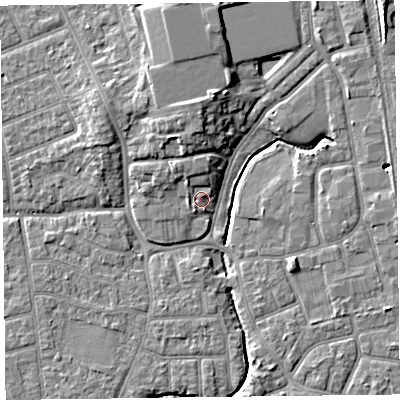 Shaded relief map of the ground around FY54HL, computed from Environment Agency LiDAR. The ground here sits at about 5 m above sea level and falls 7 m across the surrounding 800 m. Surface water reaching this point runs off ground lying to the north-north-west, 2.5 m higher.
