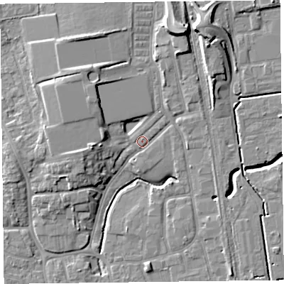 Shaded relief map of the ground around FY54HN, computed from Environment Agency LiDAR. The ground here sits at about 5 m above sea level and falls 10 m across the surrounding 800 m. Surface water reaching this point runs off ground lying to the north-north-east, 3.8 m higher.