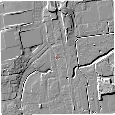 Shaded relief map of the ground around FY54HP, computed from Environment Agency LiDAR. The ground here sits at about 5 m above sea level and falls 11 m across the surrounding 800 m. Surface water reaching this point runs off ground lying to the north-north-east, 3.9 m higher.
