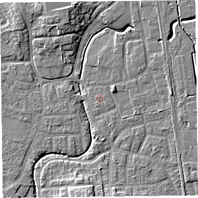 Shaded relief map of the ground around FY54HQ, computed from Environment Agency LiDAR. The ground here sits at about 5 m above sea level and falls 9 m across the surrounding 800 m. The ground contributing surface water to this point lies to the north.