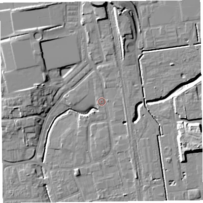Shaded relief map of the ground around FY54HR, computed from Environment Agency LiDAR. The ground here sits at about 5 m above sea level and falls 10 m across the surrounding 800 m. Surface water reaching this point runs off ground lying to the north-north-east, 4.1 m higher.