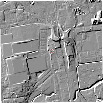 Shaded relief map of the ground around FY54HT, computed from Environment Agency LiDAR. The ground here sits at about 7 m above sea level and falls 12 m across the surrounding 800 m. Surface water reaching this point runs off ground lying to the north-east, 2.0 m higher.