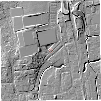 Shaded relief map of the ground around FY54HU, computed from Environment Agency LiDAR. The ground here sits at about 5 m above sea level and falls 10 m across the surrounding 800 m. Surface water reaching this point runs off ground lying to the north-north-east, 8.0 m higher.
