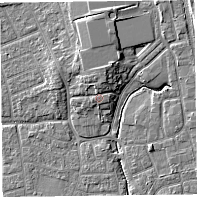 Shaded relief map of the ground around FY54HW, computed from Environment Agency LiDAR. The ground here sits at about 7 m above sea level and falls 7 m across the surrounding 800 m. Surface water reaching this point runs off ground lying to the north, 2.3 m higher.