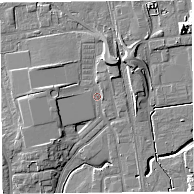 Shaded relief map of the ground around FY54HX, computed from Environment Agency LiDAR. The ground here sits at about 6 m above sea level and falls 12 m across the surrounding 800 m. Surface water reaching this point runs off ground lying to the north-north-east, 6.6 m higher.