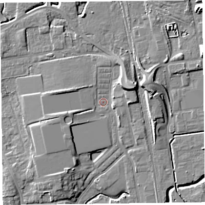 Shaded relief map of the ground around FY54JA, computed from Environment Agency LiDAR. The ground here sits at about 6 m above sea level and falls 11 m across the surrounding 800 m. Surface water reaching this point runs off ground lying to the west-south-west, 4.0 m higher.