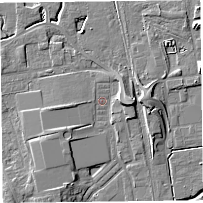 Shaded relief map of the ground around FY54JB, computed from Environment Agency LiDAR. The ground here sits at about 6 m above sea level and falls 11 m across the surrounding 800 m. Surface water reaching this point runs off ground lying to the south-west, 4.0 m higher.