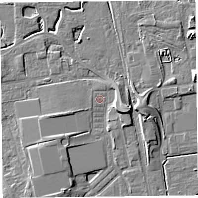 Shaded relief map of the ground around FY54JD, computed from Environment Agency LiDAR. The ground here sits at about 6 m above sea level and falls 11 m across the surrounding 800 m. Surface water reaching this point runs off ground lying to the north-west, 0.6 m higher.