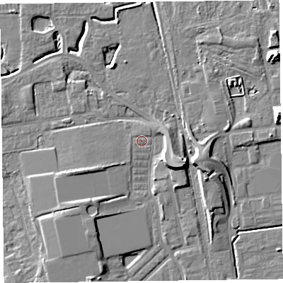 Shaded relief map of the ground around FY54JE, computed from Environment Agency LiDAR. The ground here sits at about 6 m above sea level and falls 11 m across the surrounding 800 m. Surface water reaching this point runs off ground lying to the west-south-west, 0.7 m higher.