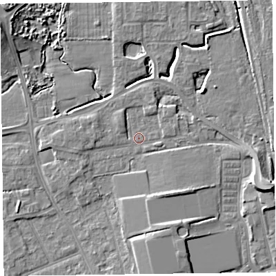 Shaded relief map of the ground around FY54JG, computed from Environment Agency LiDAR. The ground here sits at about 6 m above sea level and falls 10 m across the surrounding 800 m. Surface water reaching this point runs off ground lying to the north-west, 1.9 m higher.