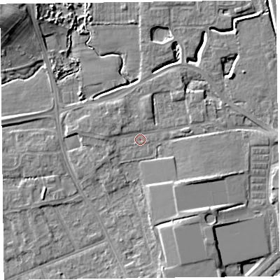 Shaded relief map of the ground around FY54JH, computed from Environment Agency LiDAR. The ground here sits at about 6 m above sea level and falls 11 m across the surrounding 800 m. Surface water reaching this point runs off ground lying to the west-south-west, 1.4 m higher.