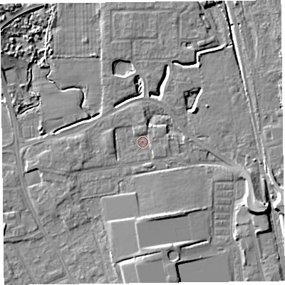 Shaded relief map of the ground around FY54JJ, computed from Environment Agency LiDAR. The ground here sits at about 6 m above sea level and falls 9 m across the surrounding 800 m. Surface water reaching this point runs off ground lying to the west, 1.9 m higher.