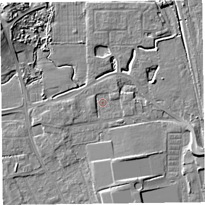 Shaded relief map of the ground around FY54JL, computed from Environment Agency LiDAR. The ground here sits at about 6 m above sea level and falls 10 m across the surrounding 800 m. Surface water reaching this point runs off ground lying to the west, 1.9 m higher.