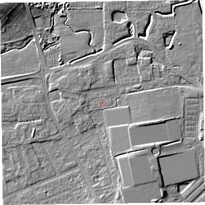 Shaded relief map of the ground around FY54JN, computed from Environment Agency LiDAR. The ground here sits at about 6 m above sea level and falls 11 m across the surrounding 800 m. Surface water reaching this point runs off ground lying to the east-south-east, 3.8 m higher.