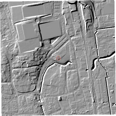Shaded relief map of the ground around FY54JP, computed from Environment Agency LiDAR. The ground here sits at about 5 m above sea level and falls 10 m across the surrounding 800 m. Surface water reaching this point runs off ground lying to the north-east, 6.8 m higher.
